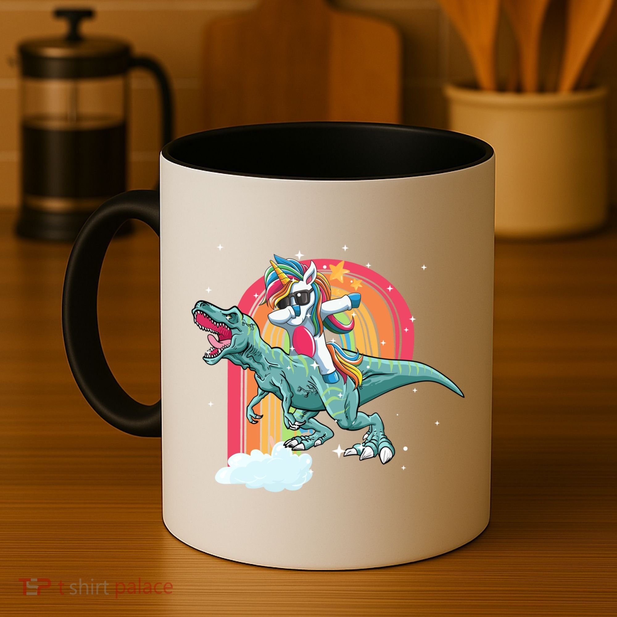 Unicorn Riding T Rex Dinosaur Rainbow Cool Gift Coffee Mug