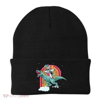 Unicorn Riding T Rex Dinosaur Rainbow Cool Gift Beanie