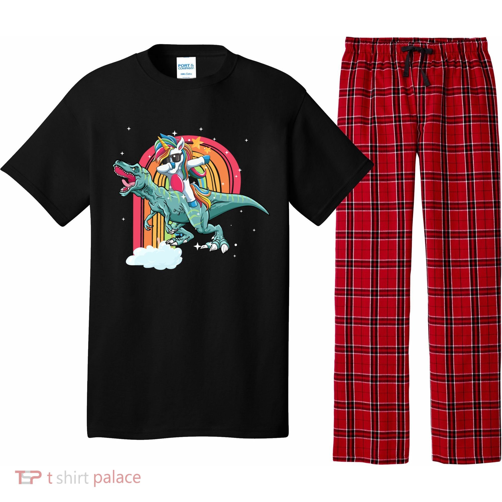 Unicorn Riding T Rex Dinosaur Rainbow Cool Gift Pajama Set
