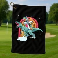 Unicorn Riding T Rex Dinosaur Rainbow Cool Gift Golf Towel thumb 1