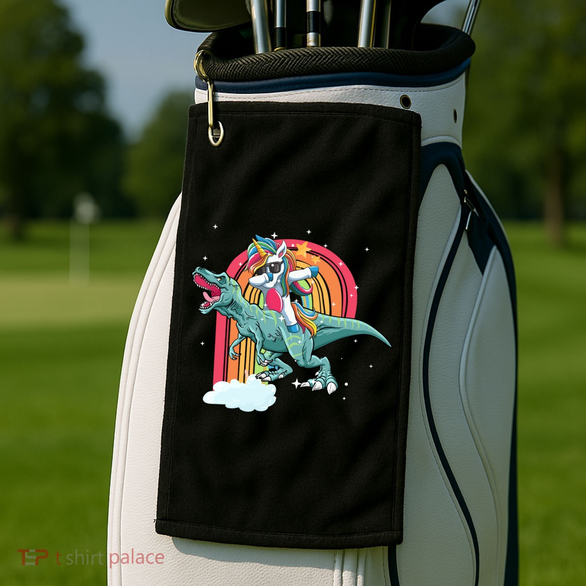 Unicorn Riding T Rex Dinosaur Rainbow Cool Gift Golf Towel