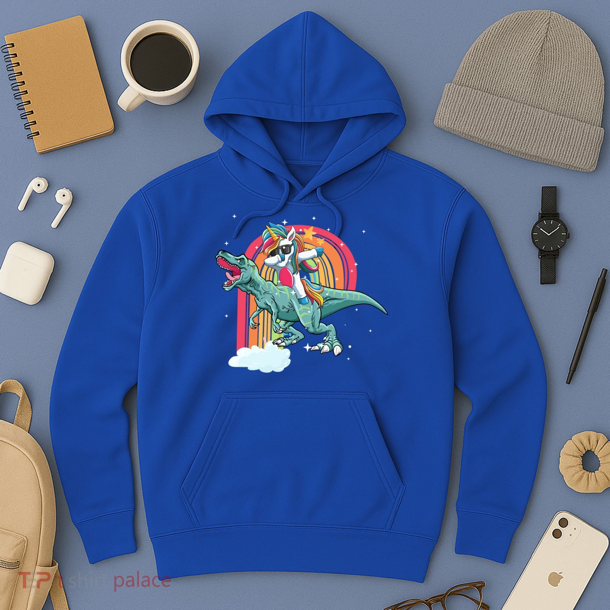 Unicorn Riding T Rex Dinosaur Rainbow Cool Gift Hoodie
