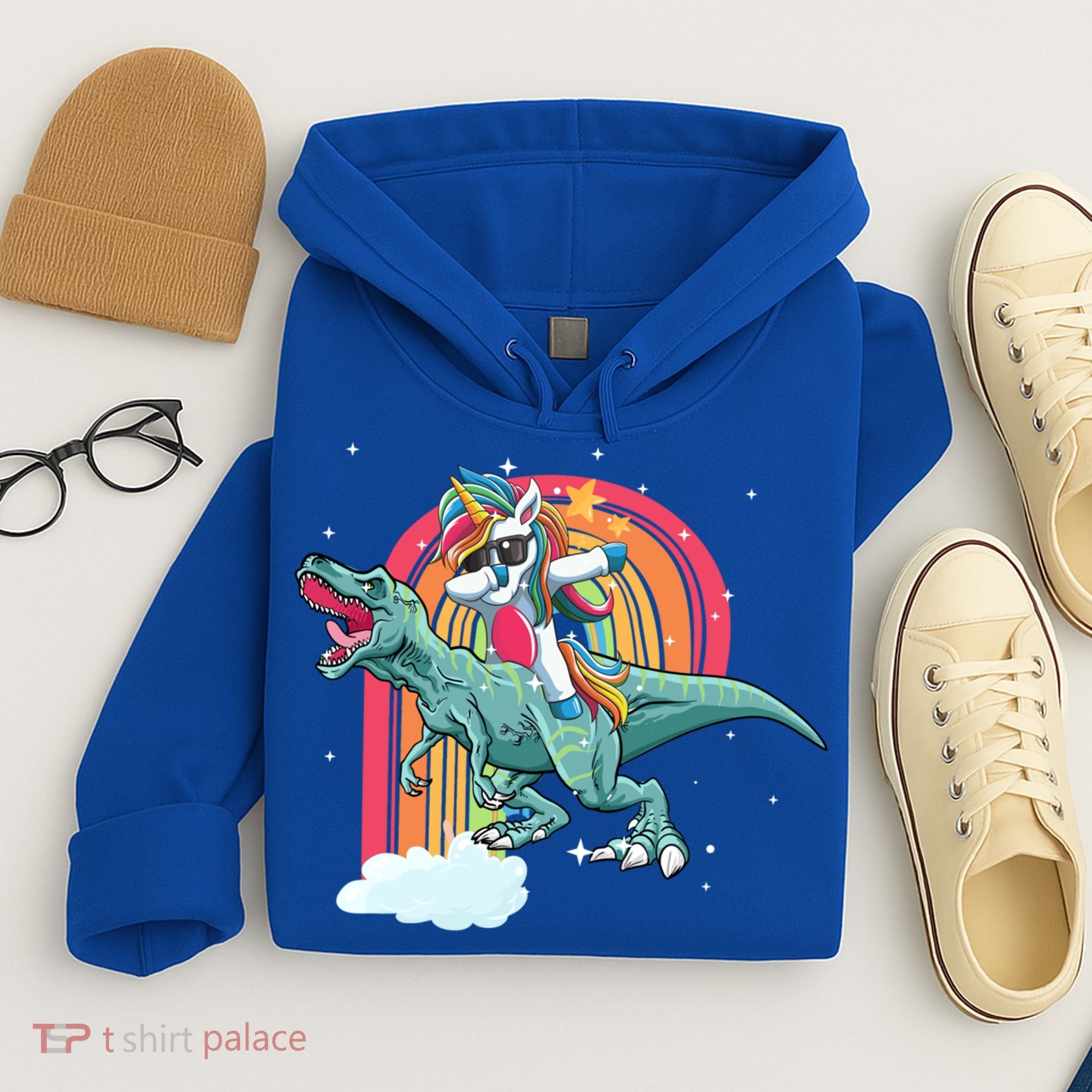 Unicorn Riding T Rex Dinosaur Rainbow Cool Gift Hoodie