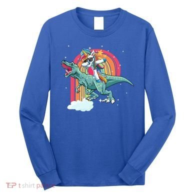 Unicorn Riding T Rex Dinosaur Rainbow Cool Gift Long Sleeve Shirt