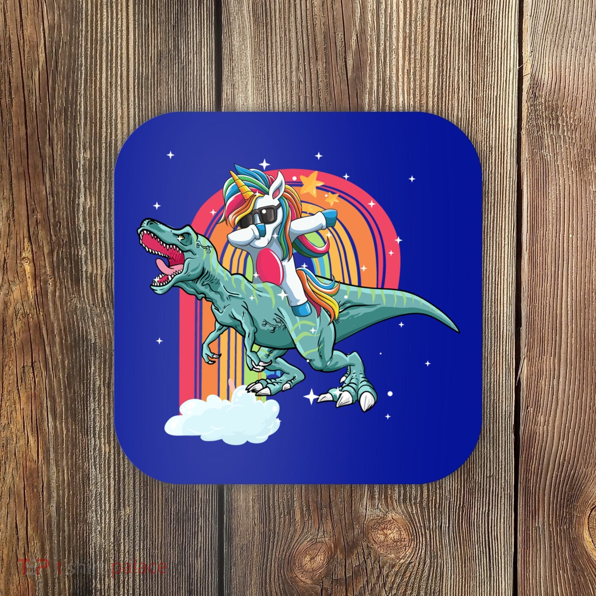 Unicorn Riding T Rex Dinosaur Rainbow Cool Gift Coaster