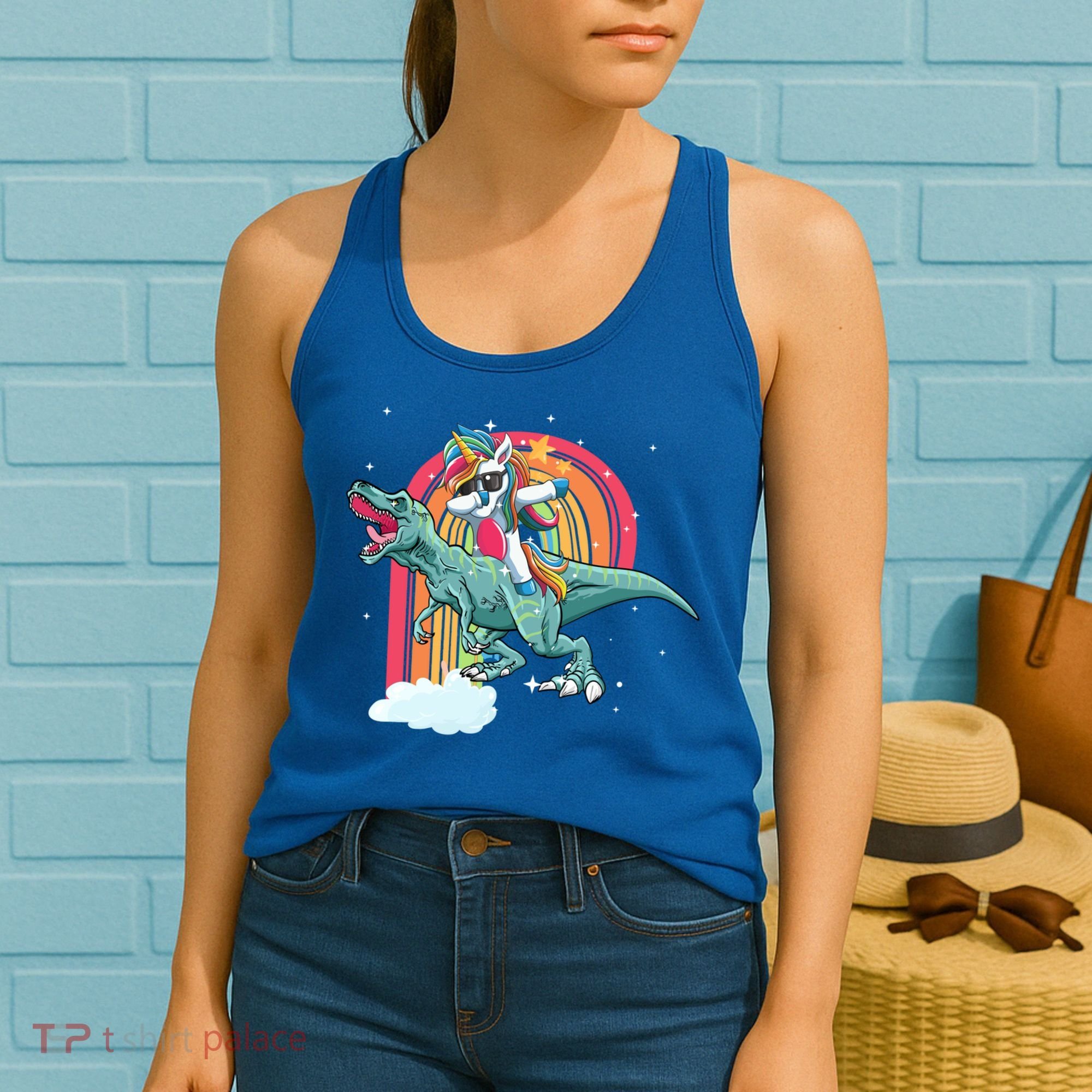Unicorn Riding T Rex Dinosaur Rainbow Cool Gift Women's Tank Top