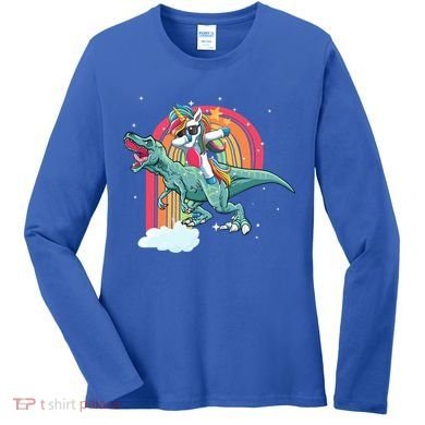 Unicorn Riding T Rex Dinosaur Rainbow Cool Gift Women's Long Sleeve Shirt