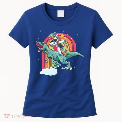 Unicorn Riding T Rex Dinosaur Rainbow Cool Gift Women's T-Shirt
