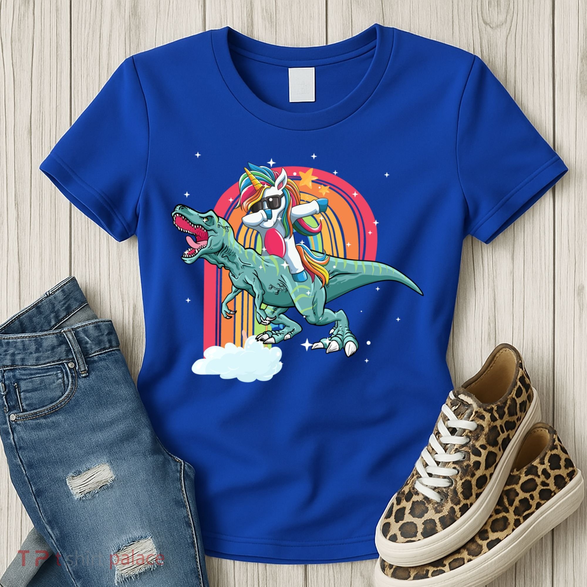 Unicorn Riding T Rex Dinosaur Rainbow Cool Gift Women's T-Shirt