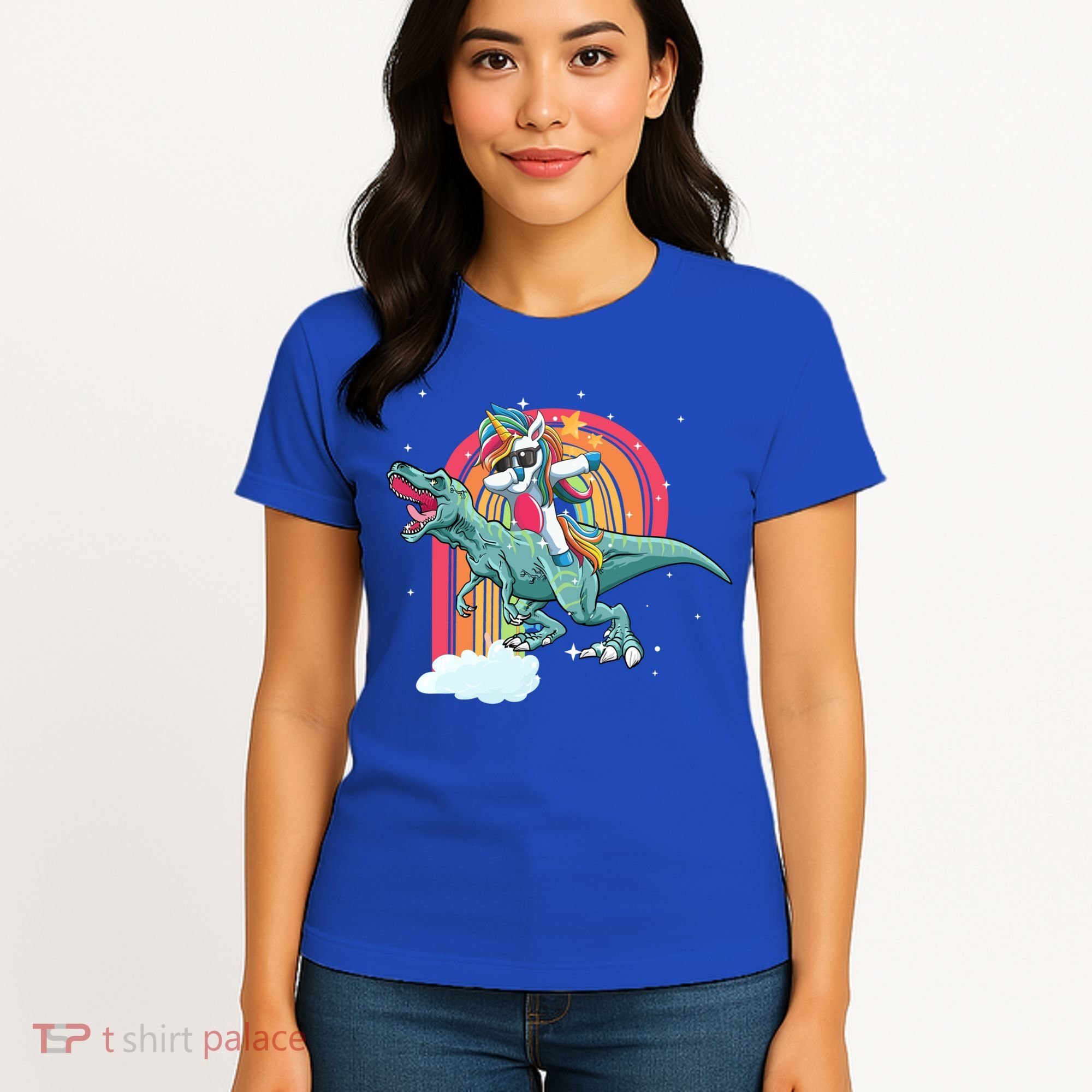 Unicorn Riding T Rex Dinosaur Rainbow Cool Gift Women's T-Shirt