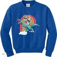 Unicorn Riding T Rex Dinosaur Rainbow Cool Gift Kids Sweatshirt thumb 0