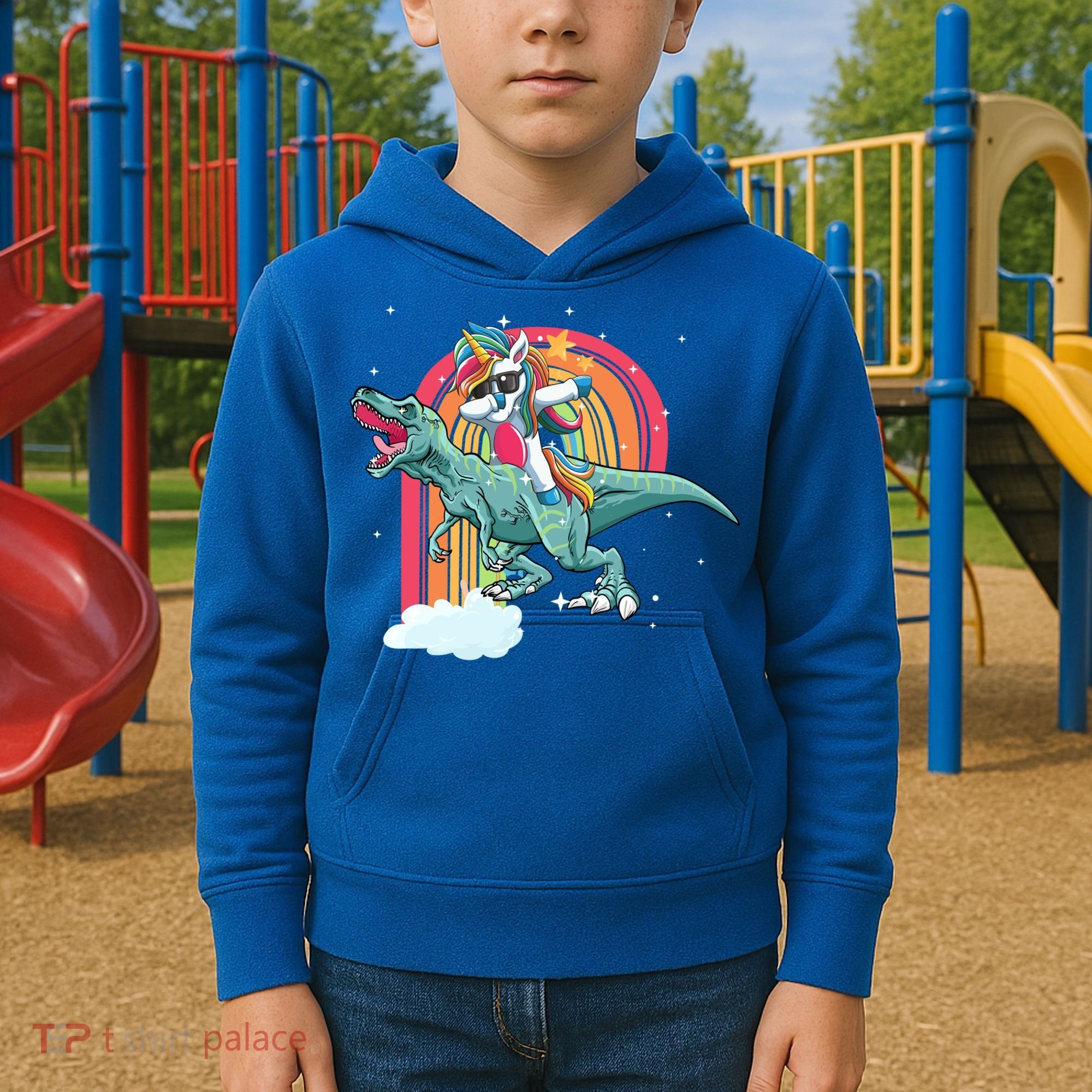 Unicorn Riding T Rex Dinosaur Rainbow Cool Gift Kids Hoodie