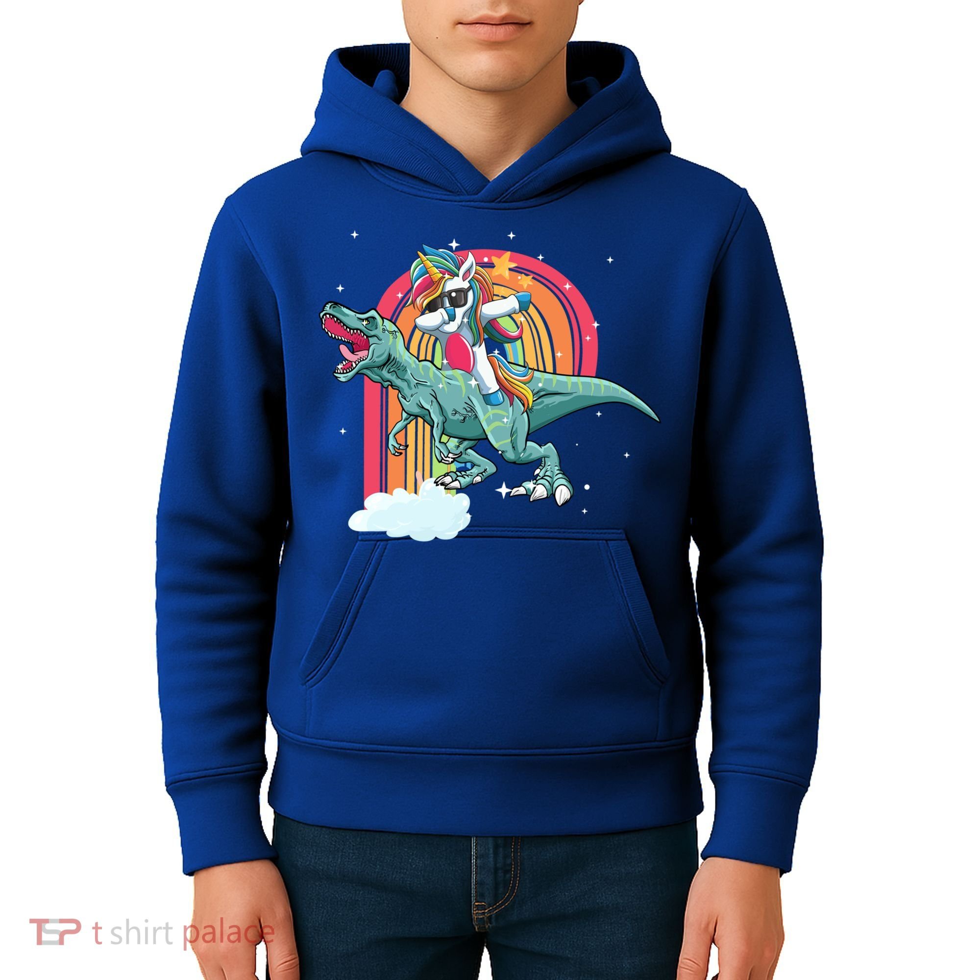 Unicorn Riding T Rex Dinosaur Rainbow Cool Gift Kids Hoodie