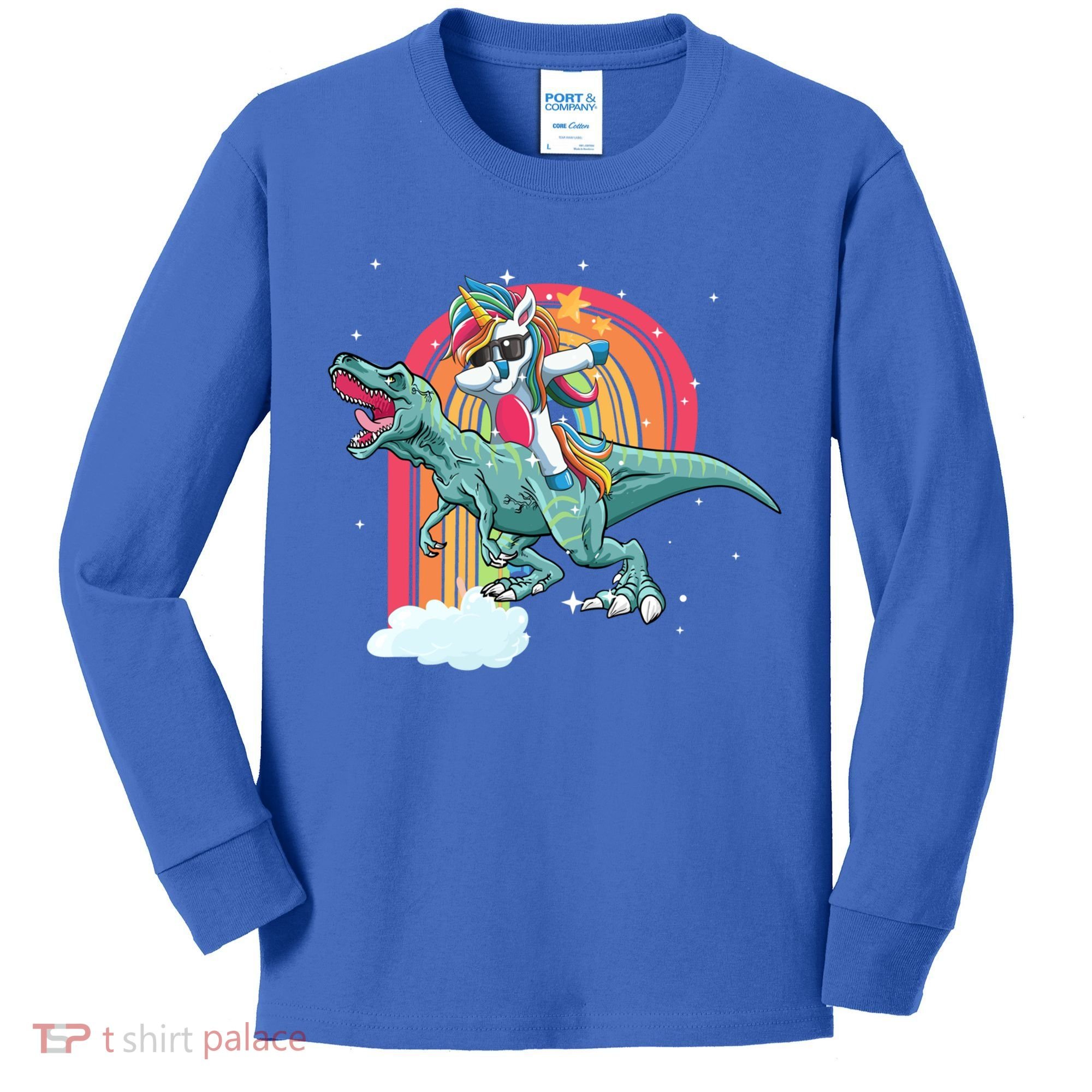 Unicorn Riding T Rex Dinosaur Rainbow Cool Gift Kids Long Sleeve Shirt