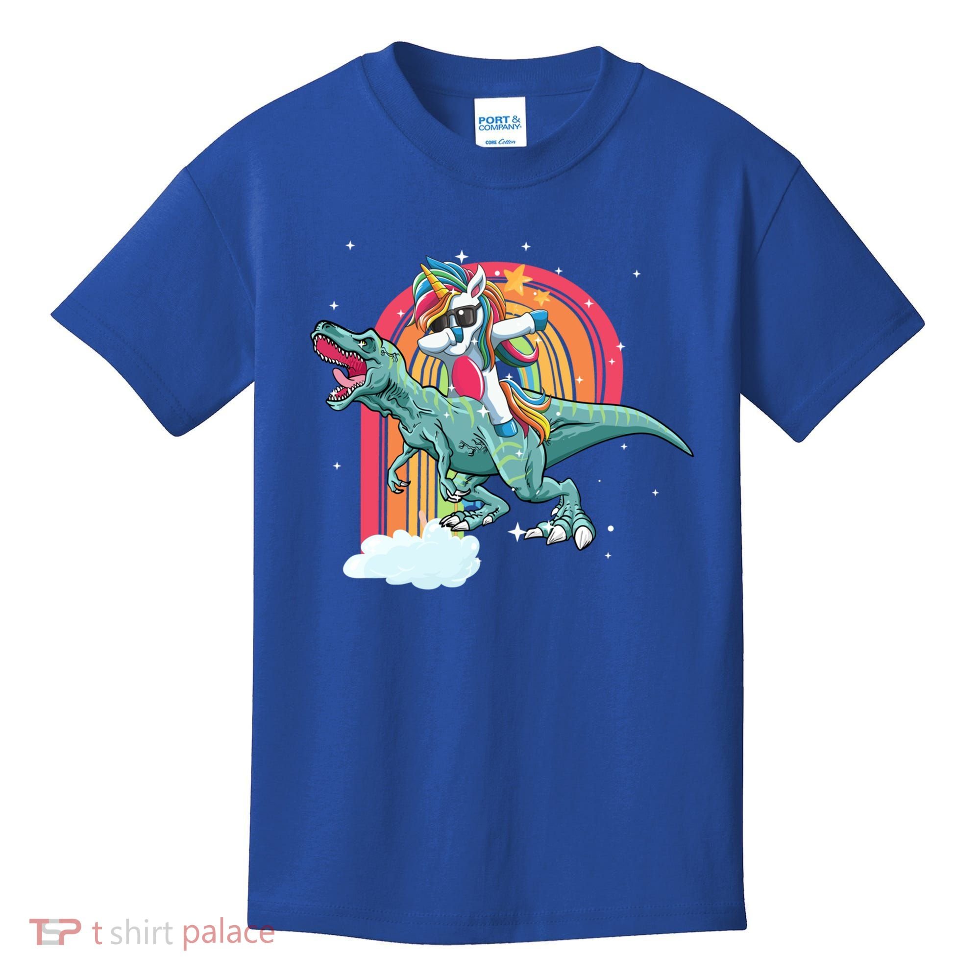 Unicorn Riding T Rex Dinosaur Rainbow Cool Gift Kids T-Shirt