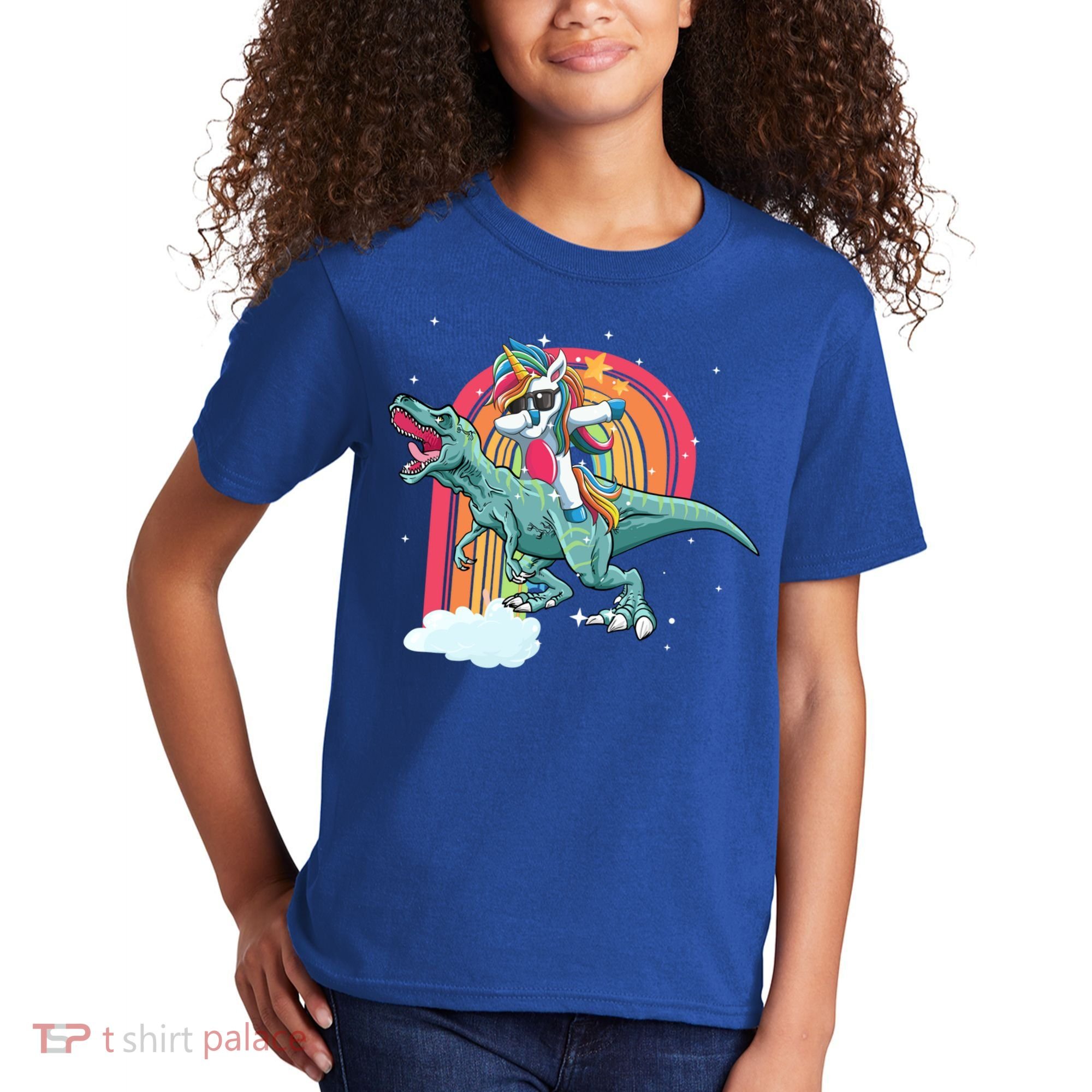 Unicorn Riding T Rex Dinosaur Rainbow Cool Gift Kids T-Shirt
