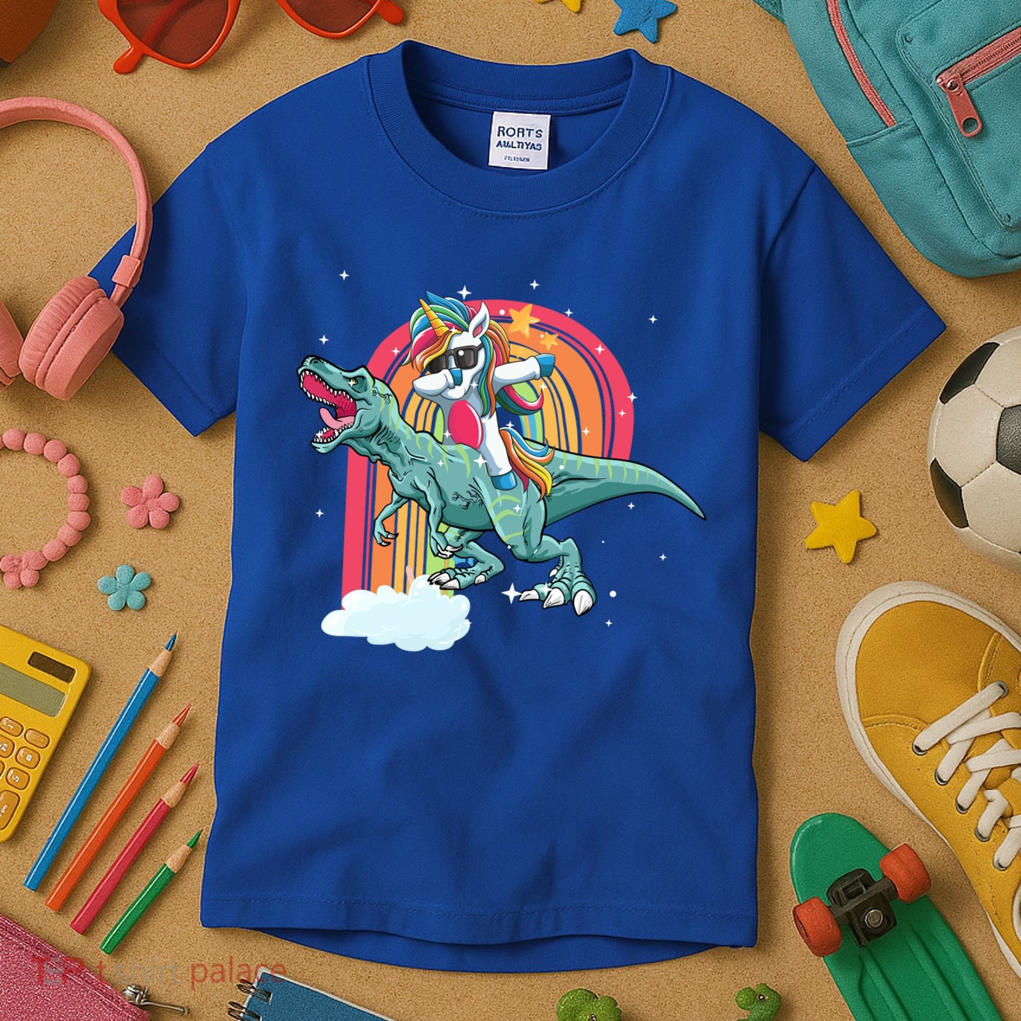 Unicorn Riding T Rex Dinosaur Rainbow Cool Gift Kids T-Shirt