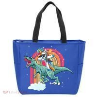 Unicorn Riding T Rex Dinosaur Rainbow Cool Gift Tote Bag thumb 0