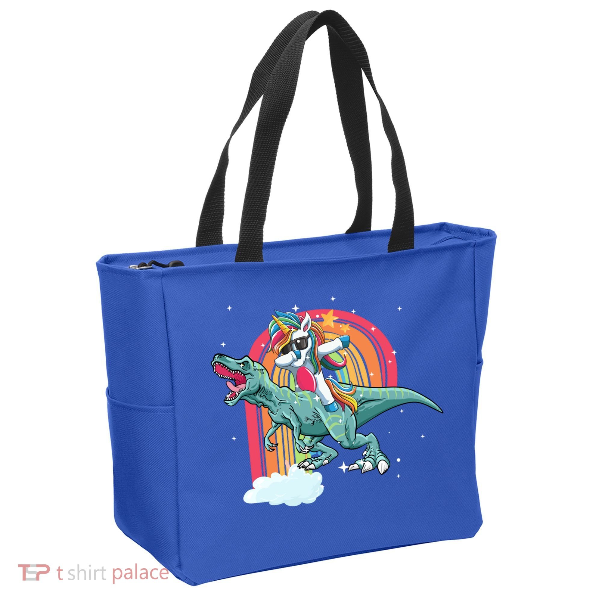 Unicorn Riding T Rex Dinosaur Rainbow Cool Gift Tote Bag
