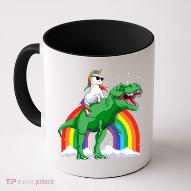 Unicorn Riding T Rex Dinosaur Rainbow Gift Coffee Mug