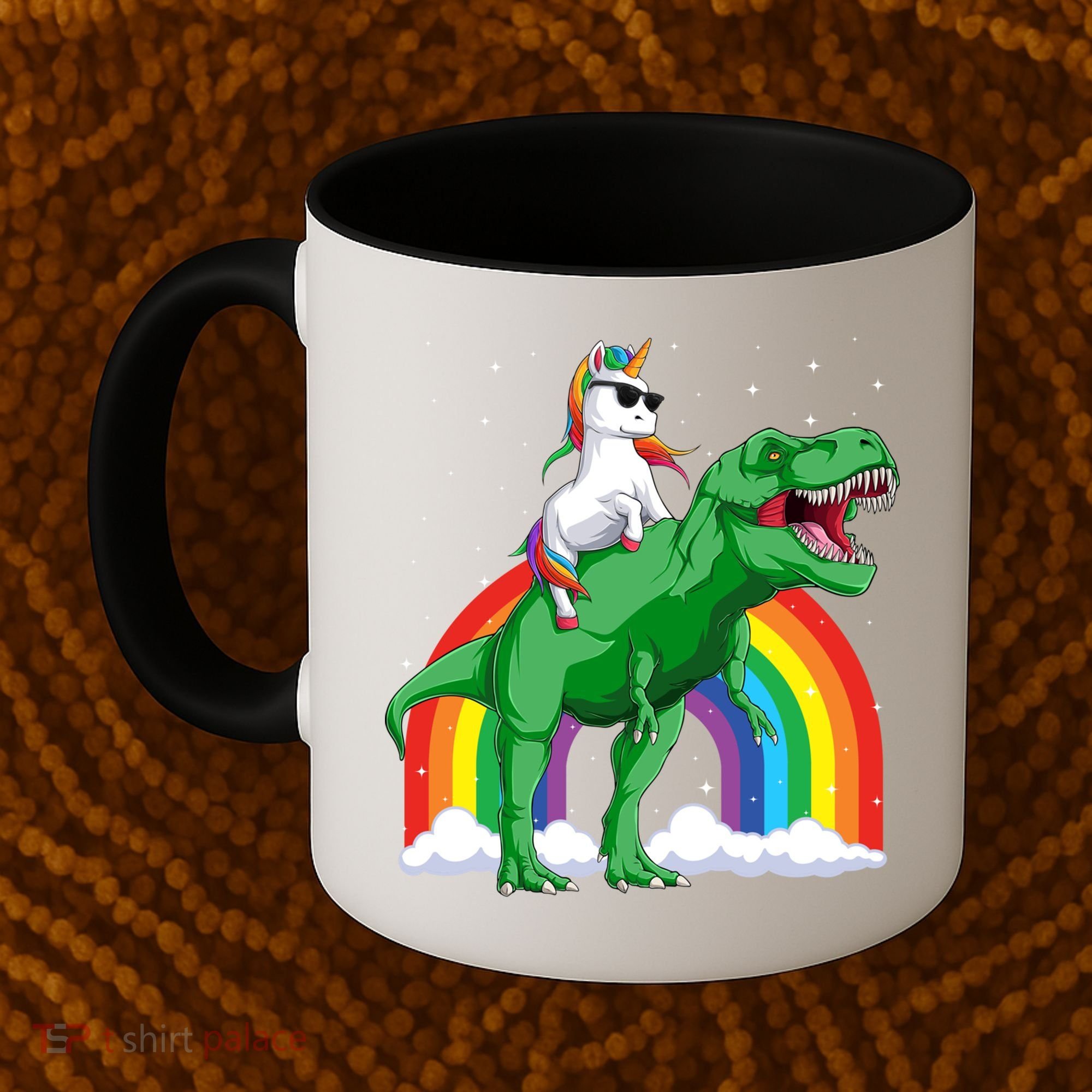 Unicorn Riding T Rex Dinosaur Rainbow Gift Coffee Mug