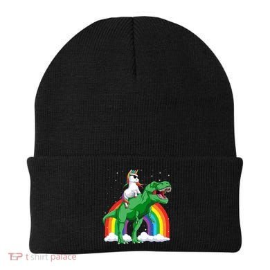 Unicorn Riding T Rex Dinosaur Rainbow Gift Beanie