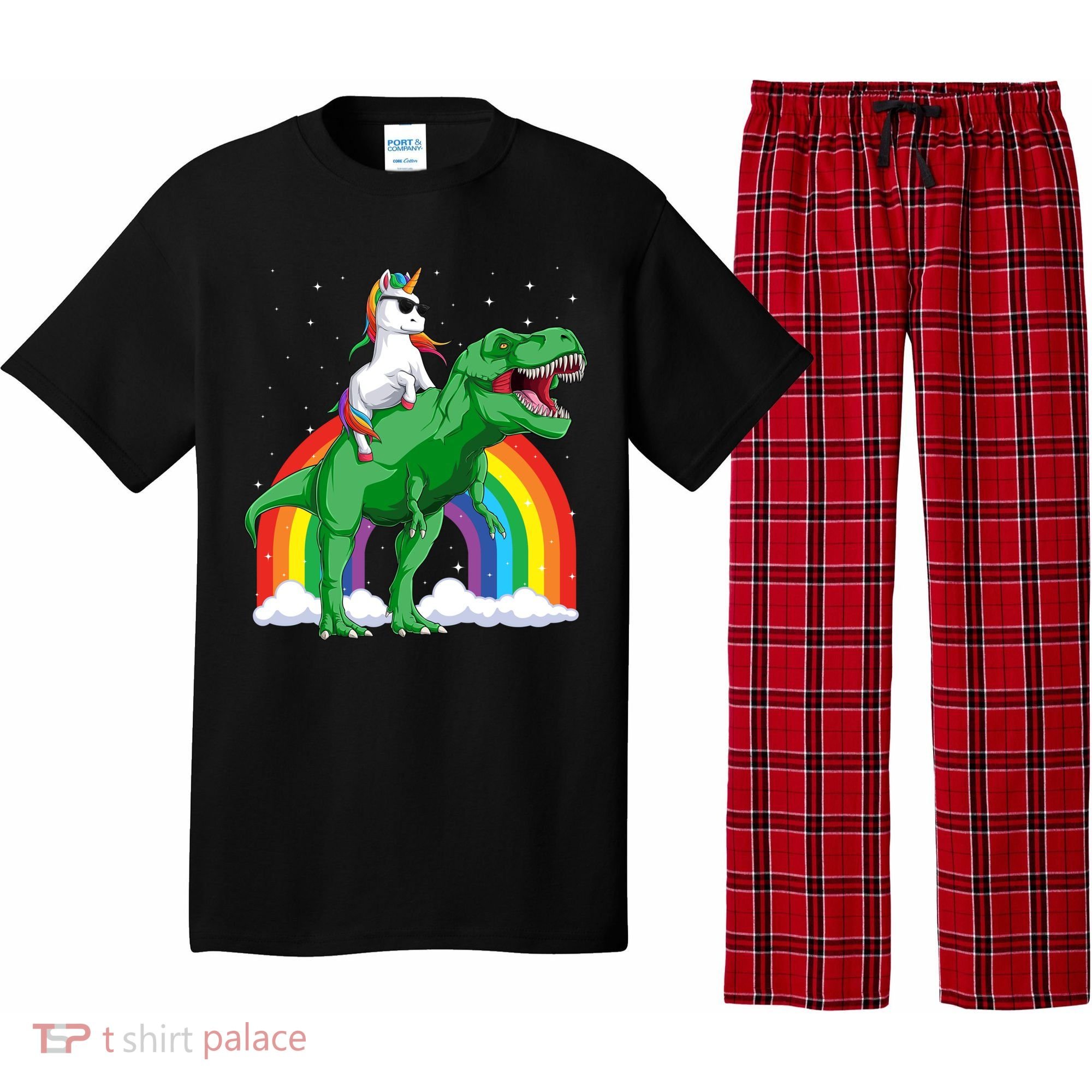 Unicorn Riding T Rex Dinosaur Rainbow Gift Pajama Set