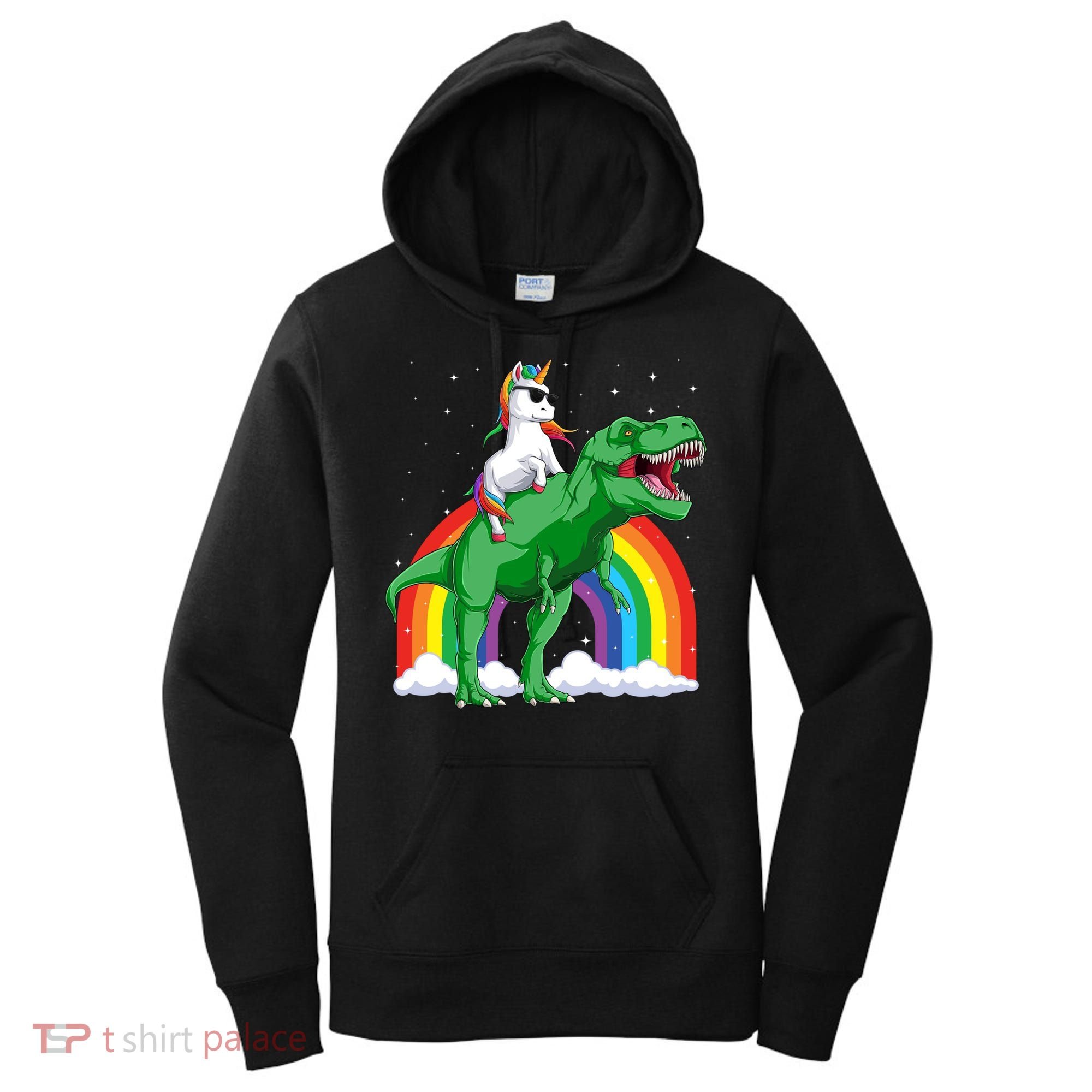 Unicorn Riding T Rex Dinosaur Rainbow Gift Women's Hoodie