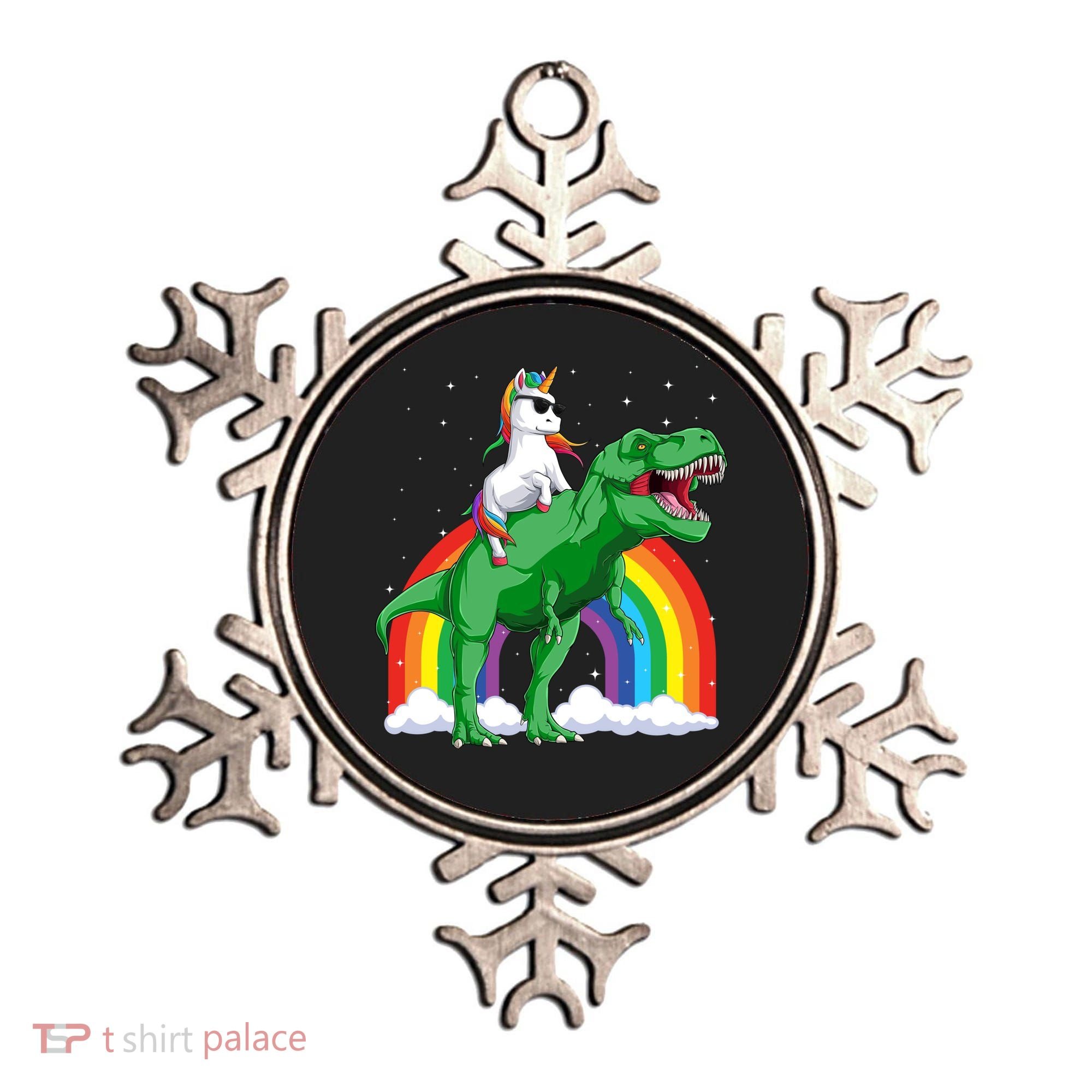 Unicorn Riding T Rex Dinosaur Rainbow Gift Ornament