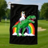 Unicorn Riding T Rex Dinosaur Rainbow Gift Golf Towel thumb 1