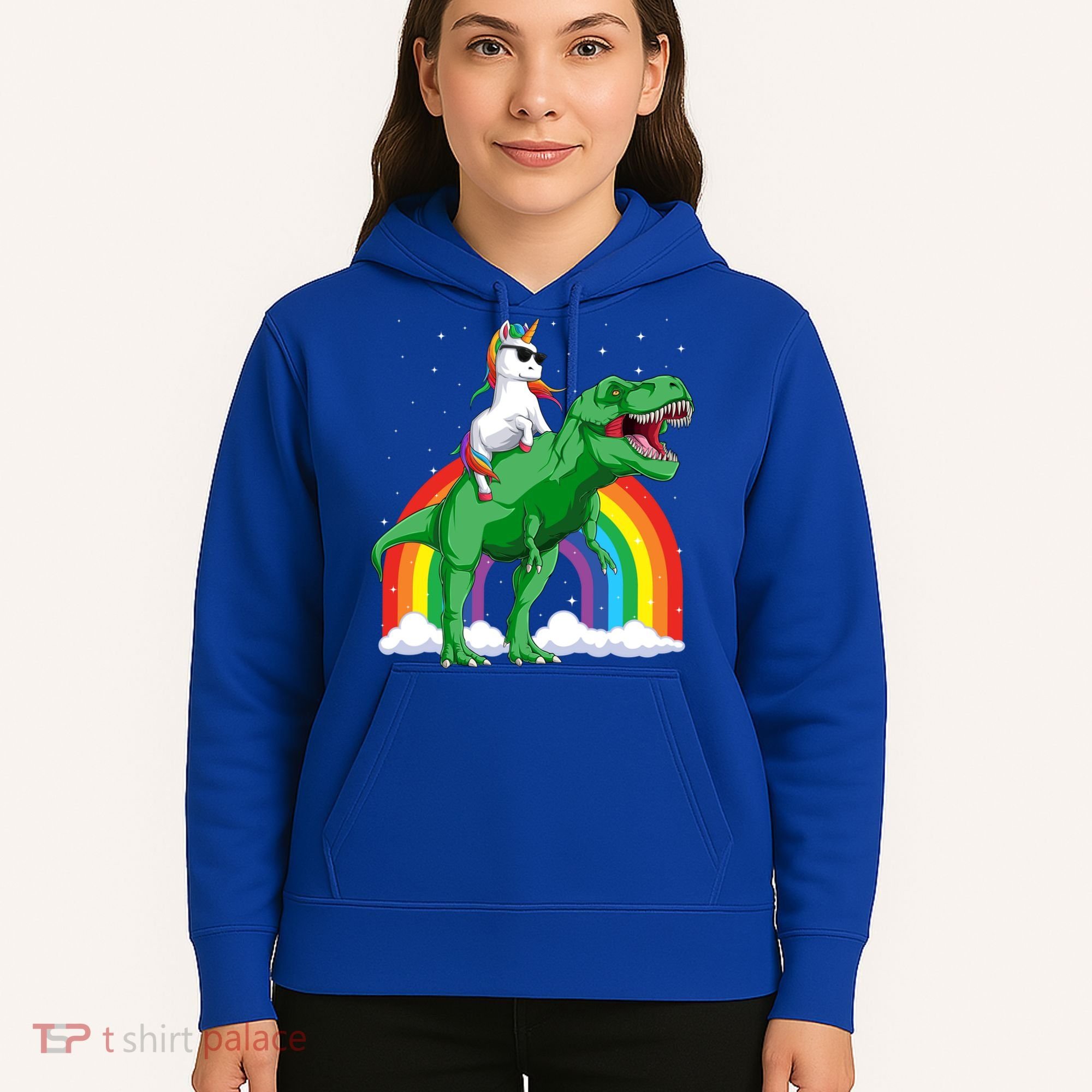 Unicorn Riding T Rex Dinosaur Rainbow Gift Hoodie