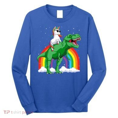 Unicorn Riding T Rex Dinosaur Rainbow Gift Long Sleeve Shirt