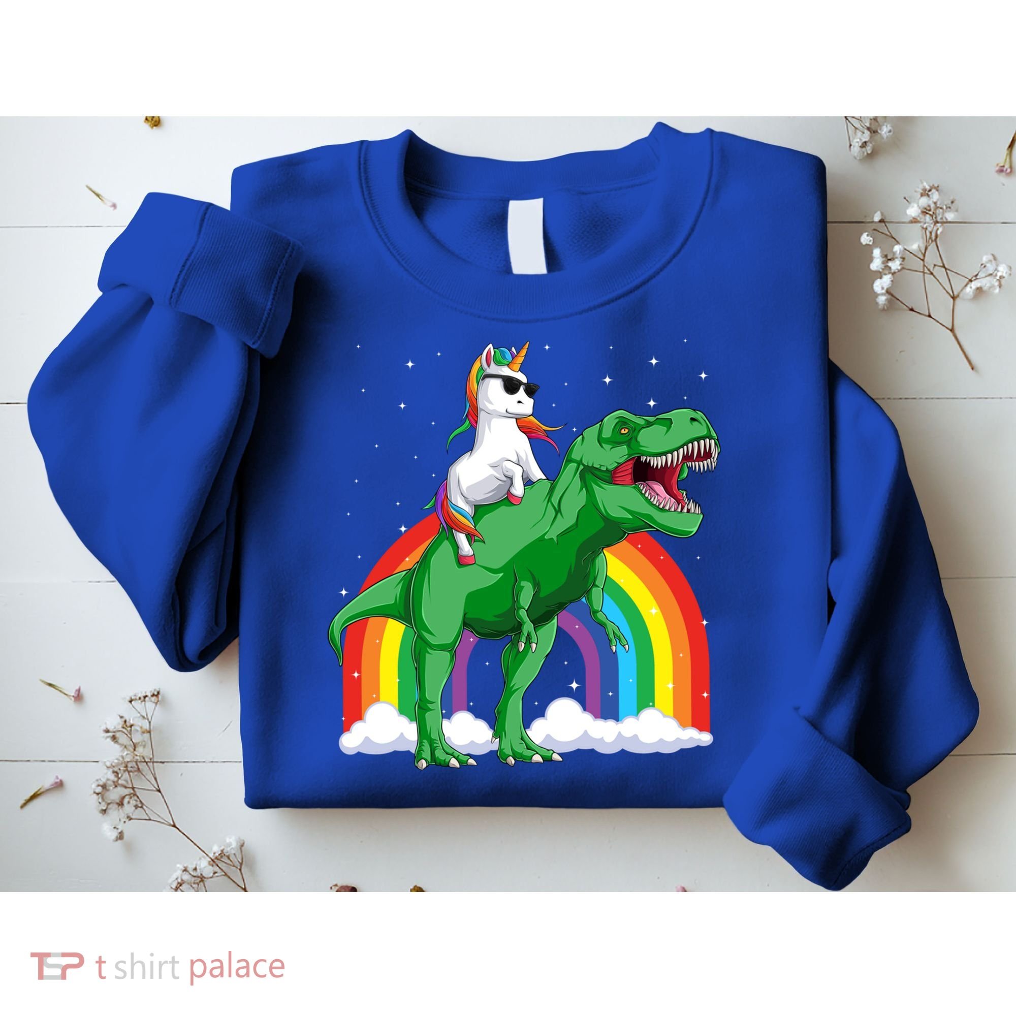 Unicorn Riding T Rex Dinosaur Rainbow Gift Sweatshirt