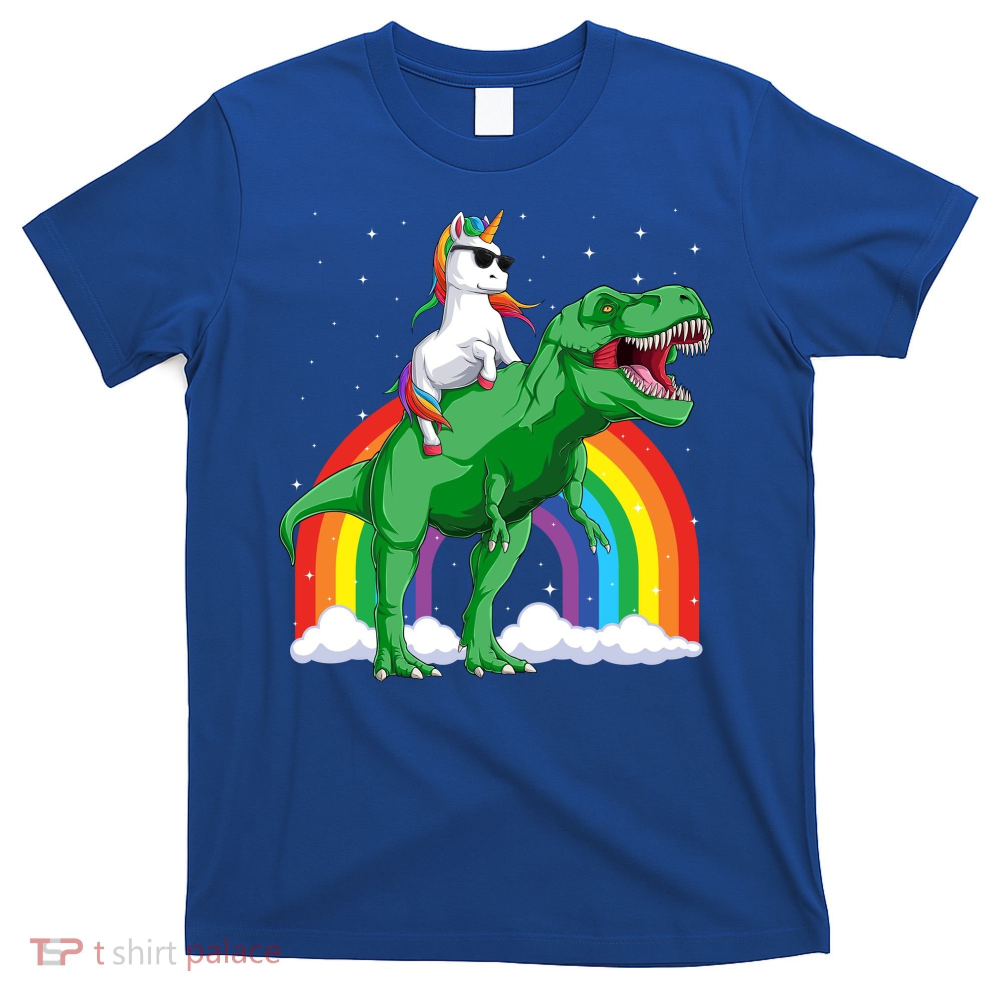Unicorn Riding T Rex Dinosaur Rainbow Gift T-Shirt