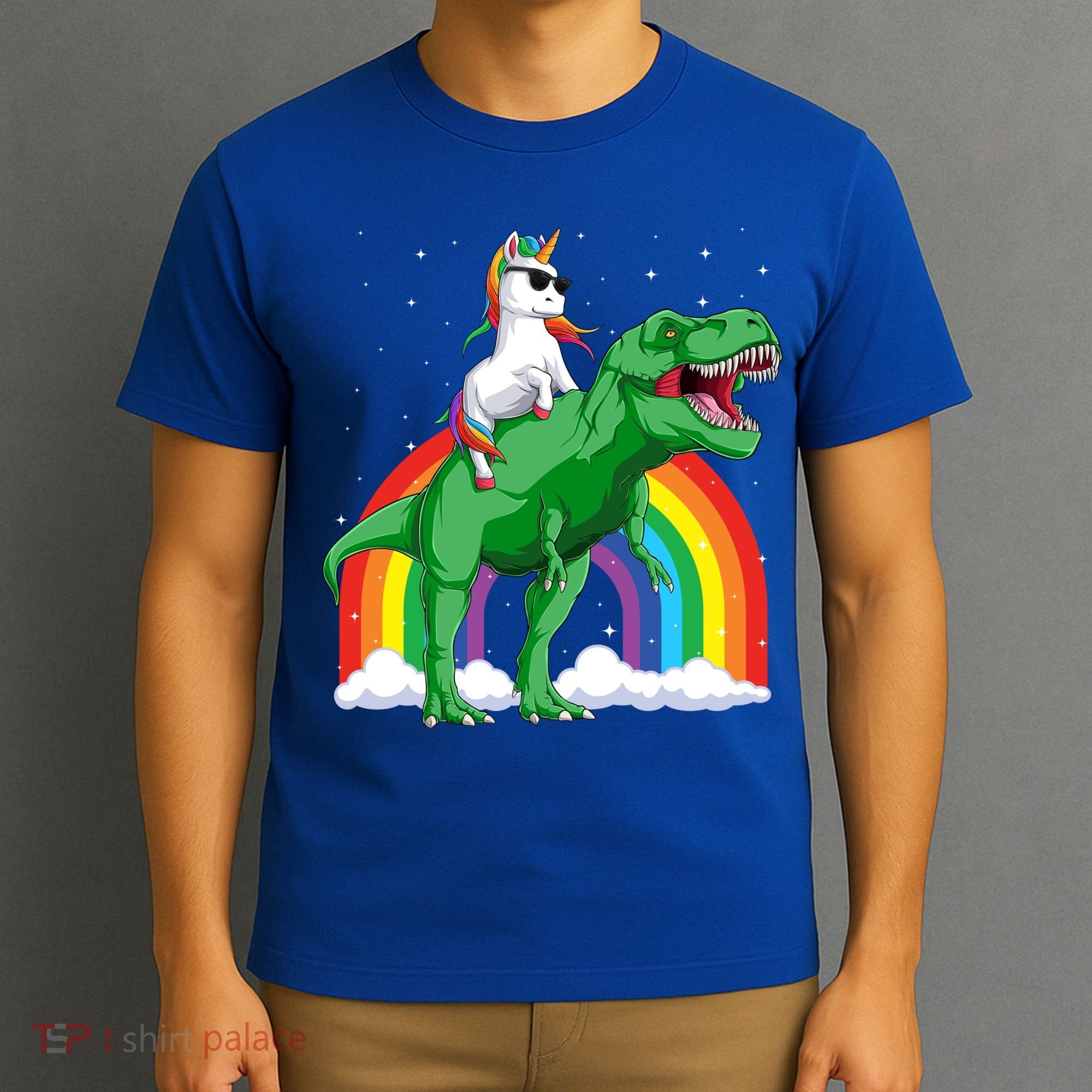 Unicorn Riding T Rex Dinosaur Rainbow Gift T-Shirt