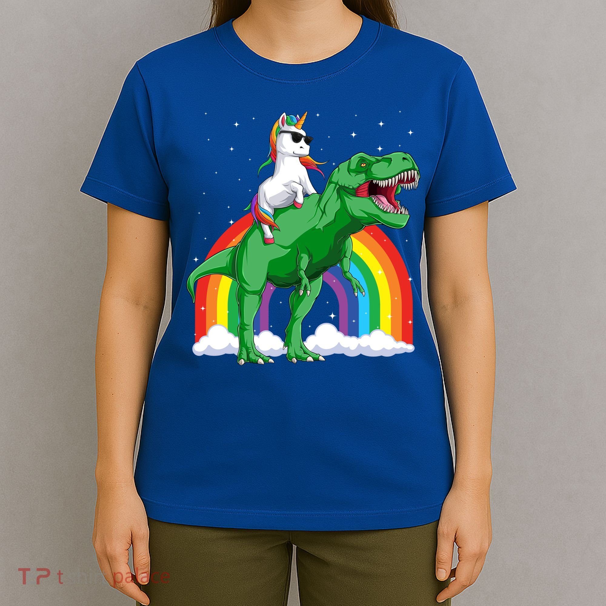 Unicorn Riding T Rex Dinosaur Rainbow Gift T-Shirt