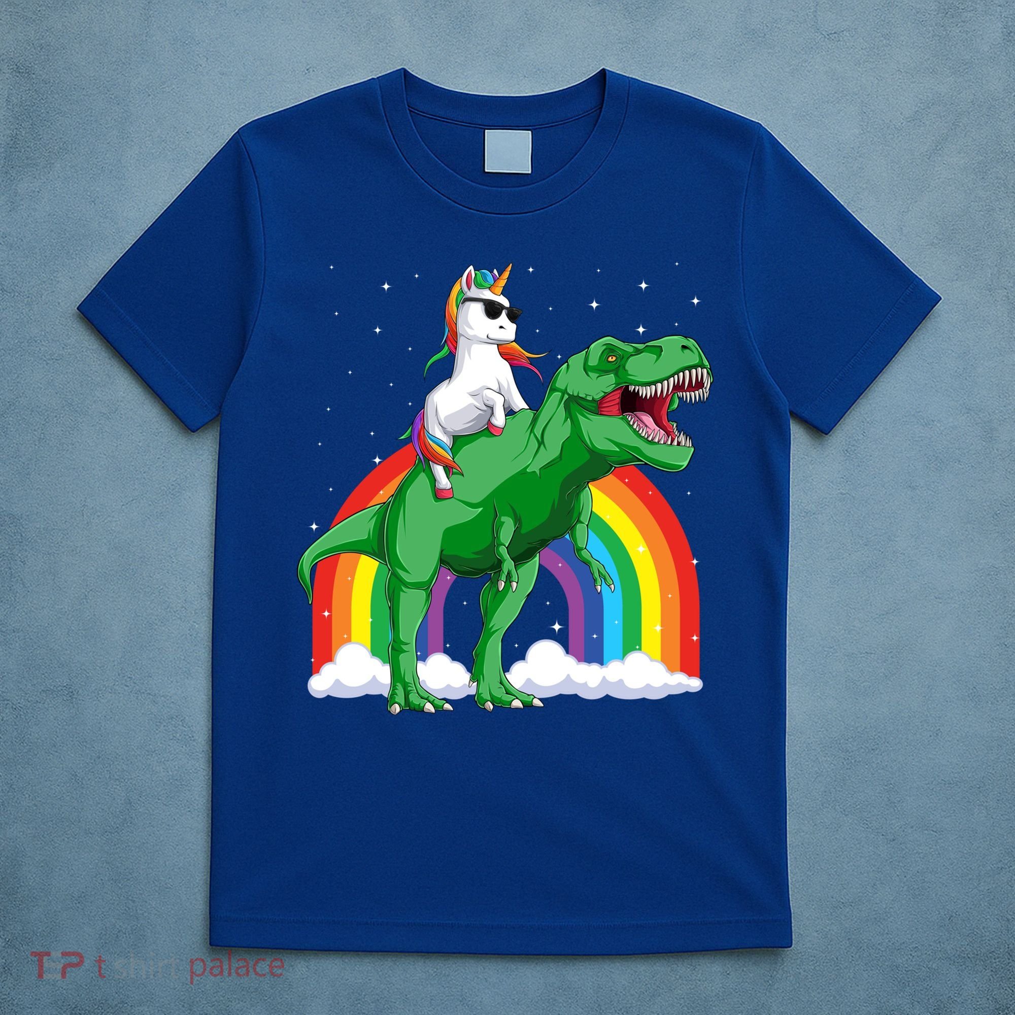 Unicorn Riding T Rex Dinosaur Rainbow Gift T-Shirt
