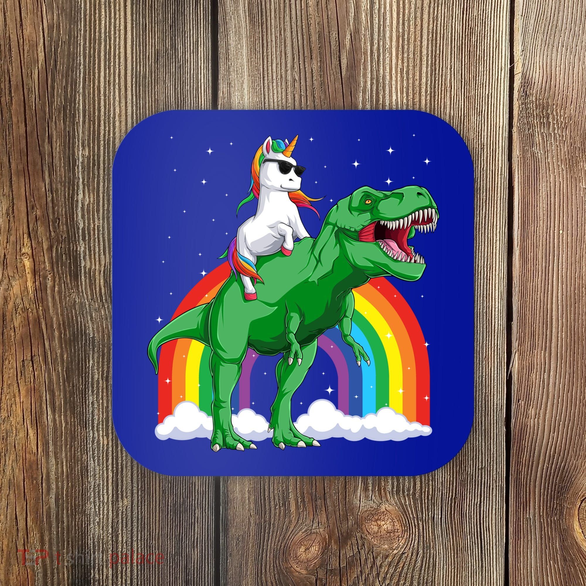 Unicorn Riding T Rex Dinosaur Rainbow Gift Coaster