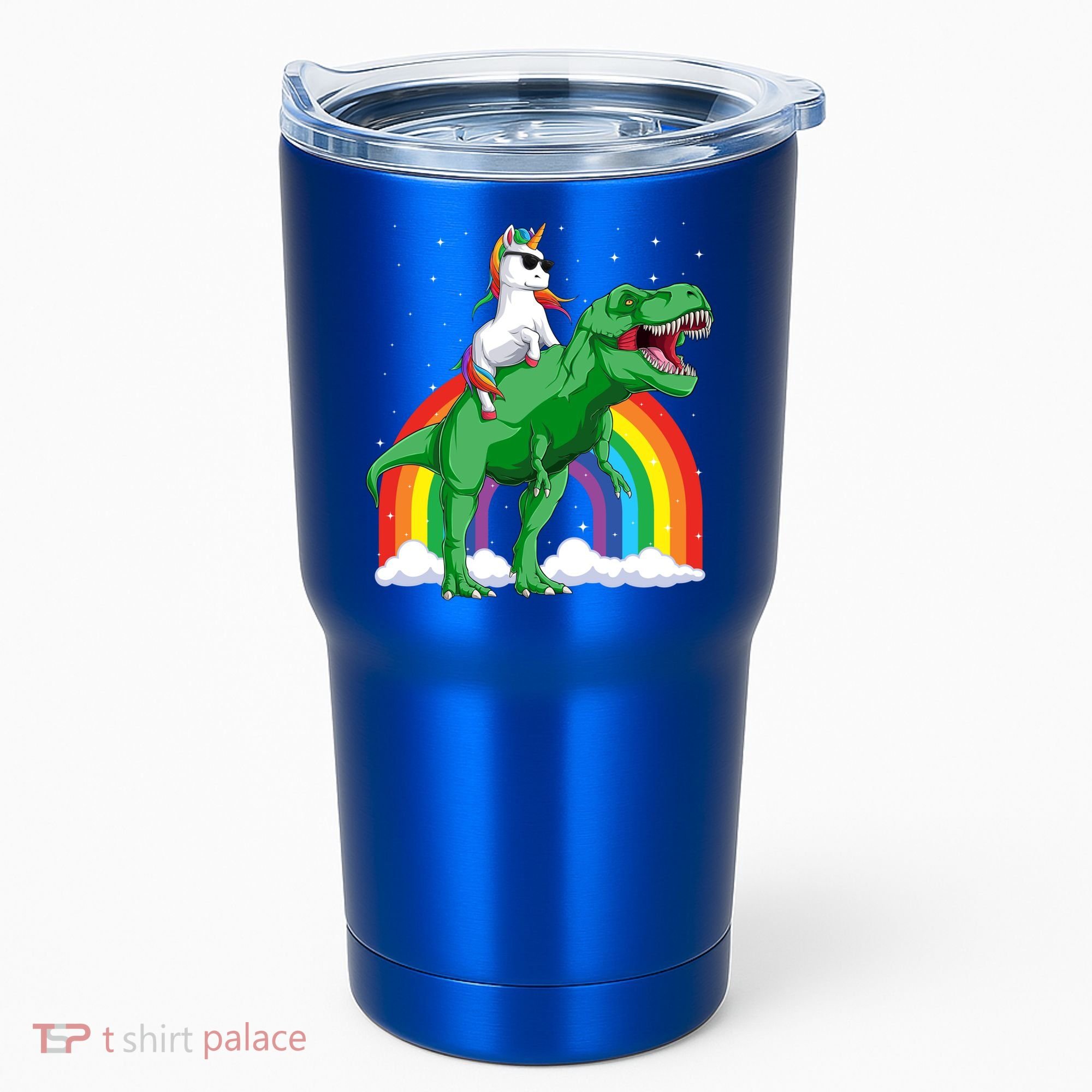 Unicorn Riding T Rex Dinosaur Rainbow Gift Tumbler