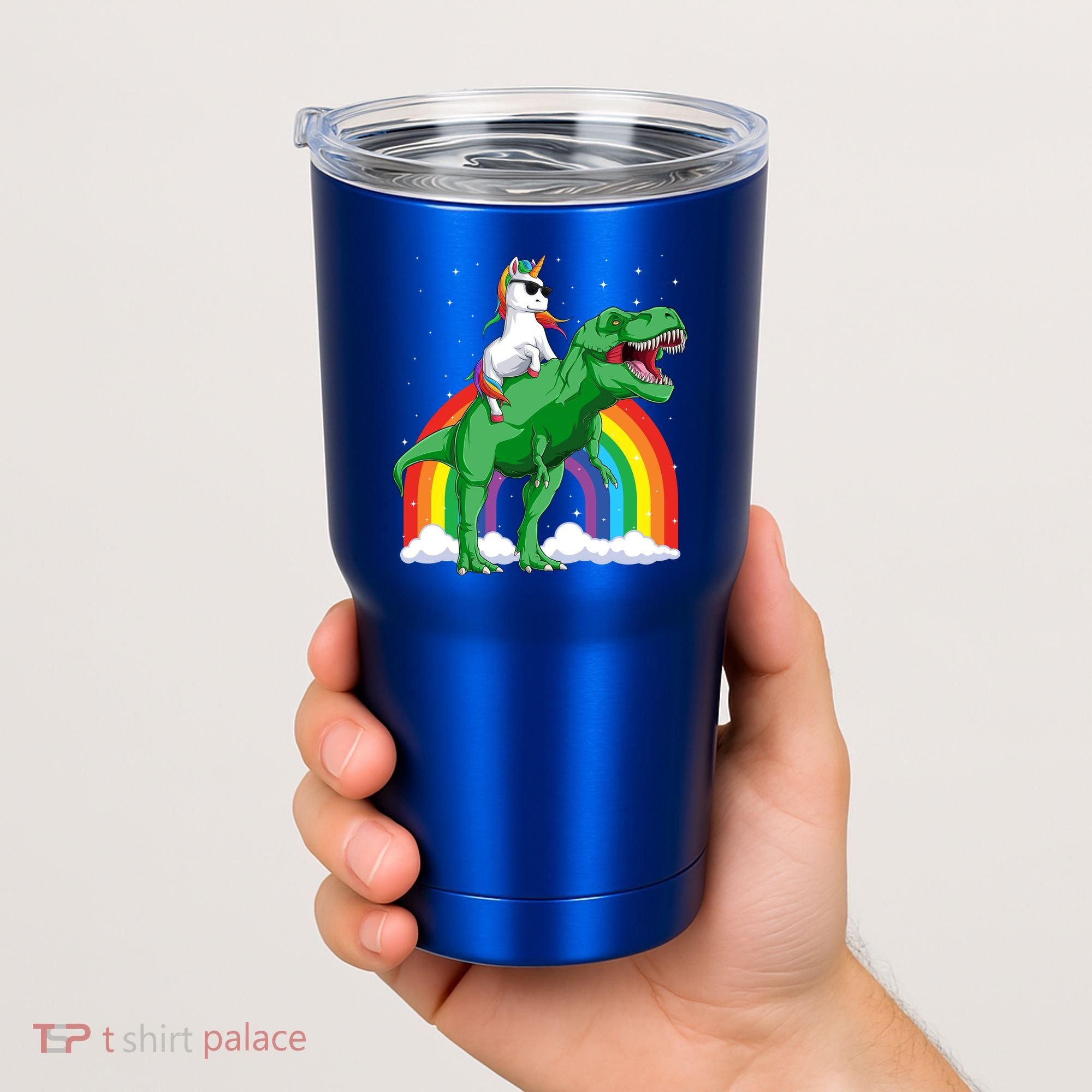 Unicorn Riding T Rex Dinosaur Rainbow Gift Tumbler