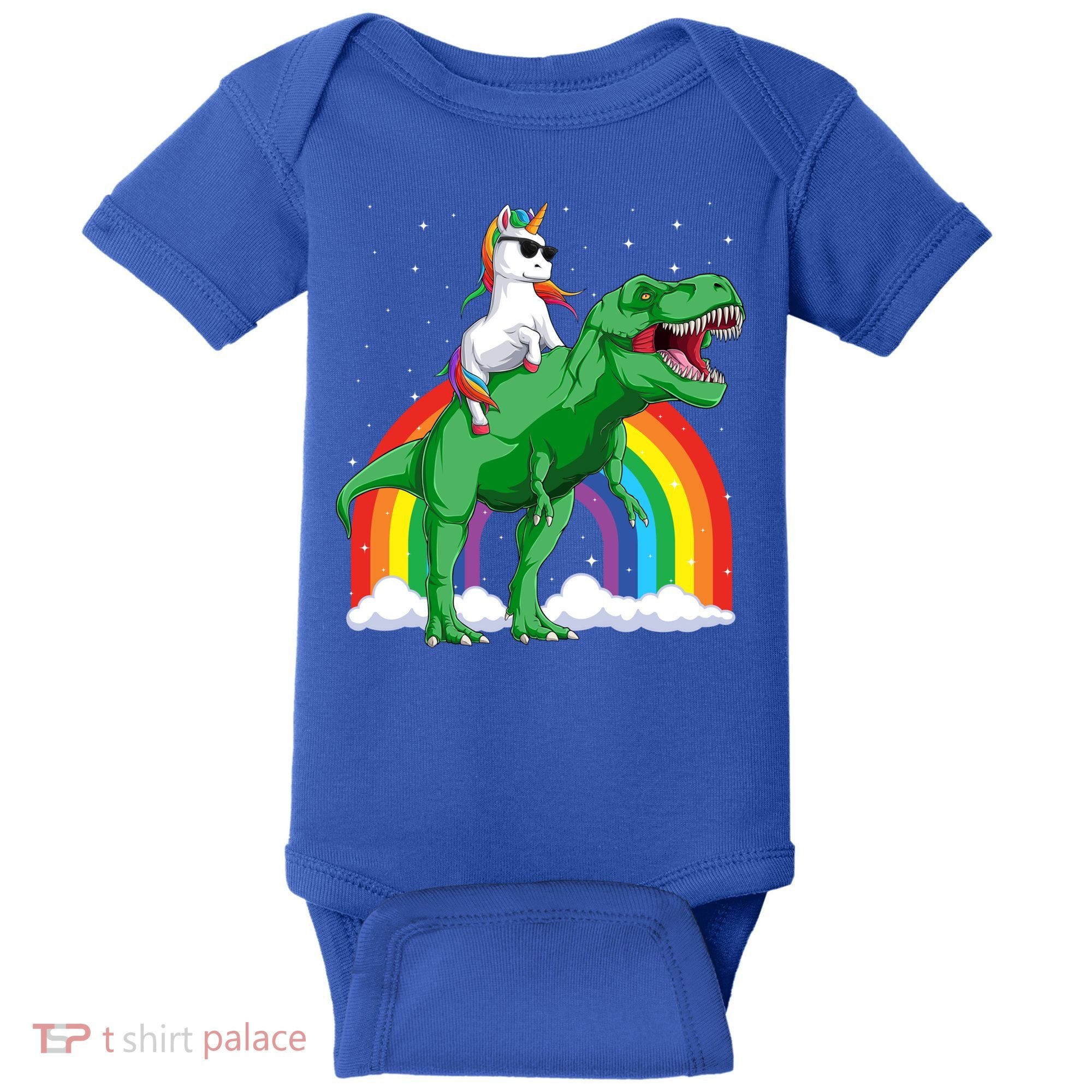 Unicorn Riding T Rex Dinosaur Rainbow Gift Baby Bodysuit