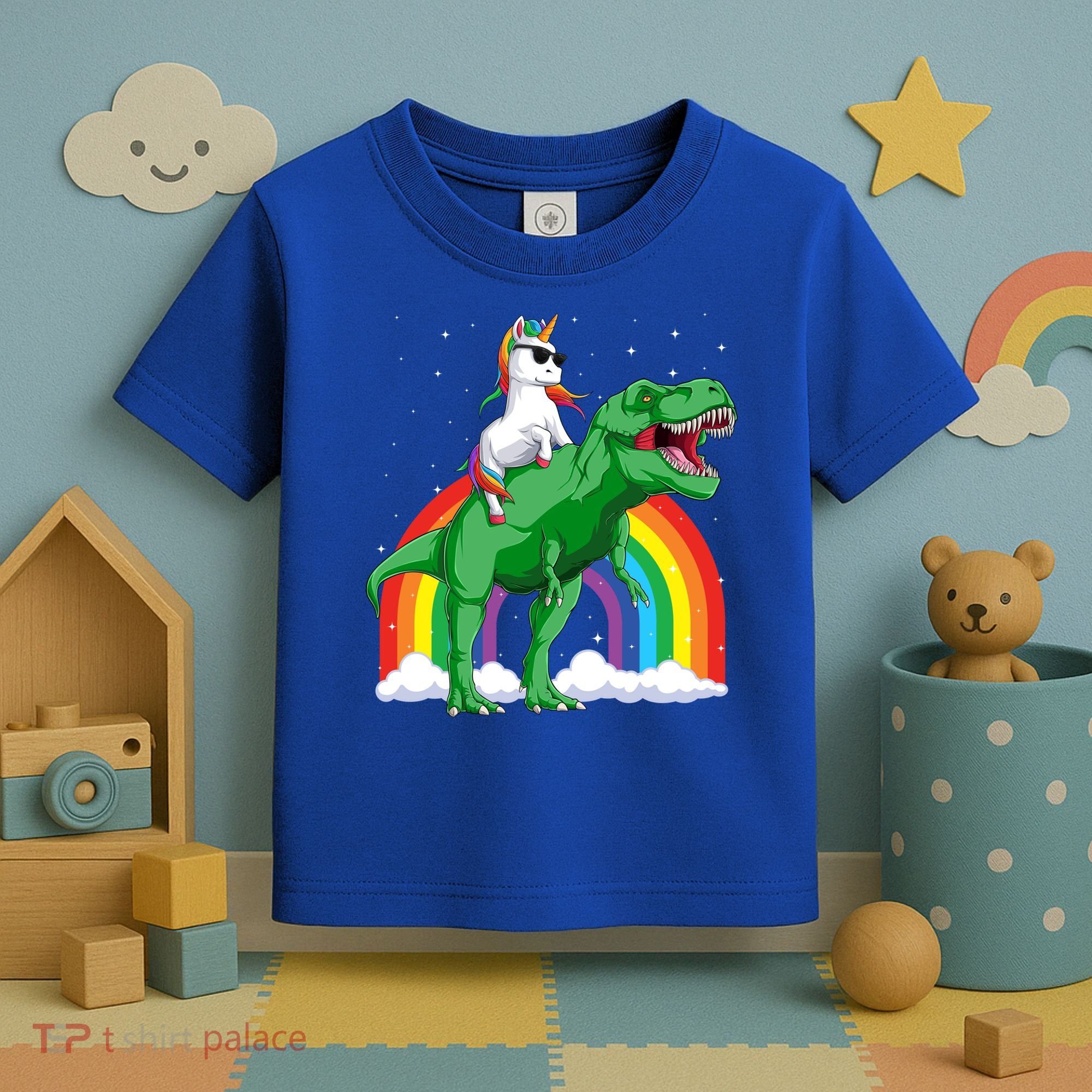 Unicorn Riding T Rex Dinosaur Rainbow Gift Toddler T-Shirt