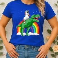 Unicorn Riding T Rex Dinosaur Rainbow Gift Women's T-Shirt thumb 2