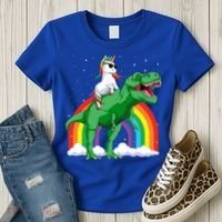 Unicorn Riding T Rex Dinosaur Rainbow Gift Women's T-Shirt thumb 3