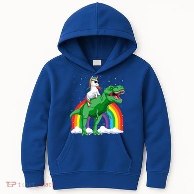 Unicorn Riding T Rex Dinosaur Rainbow Gift Kids Hoodie