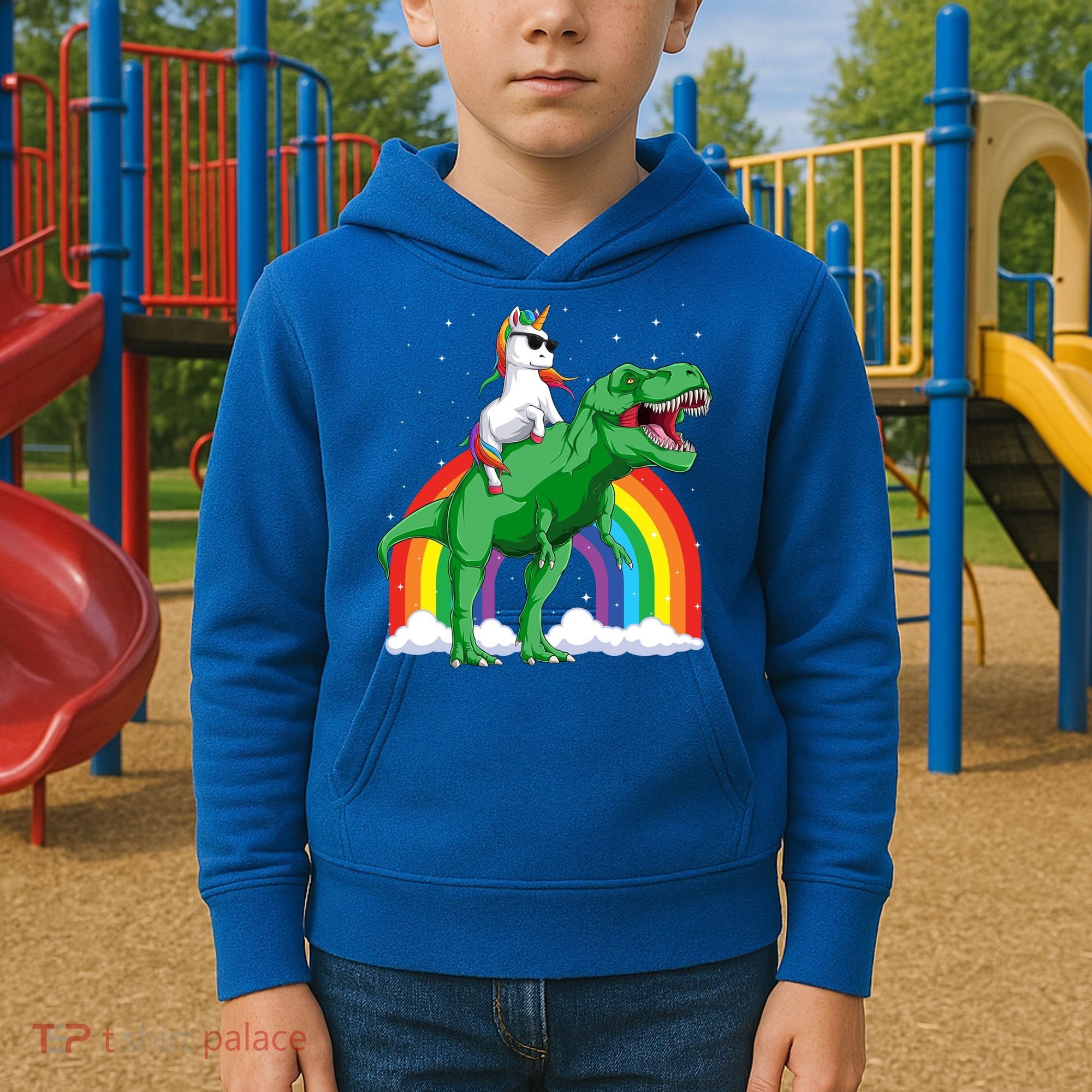Unicorn Riding T Rex Dinosaur Rainbow Gift Kids Hoodie