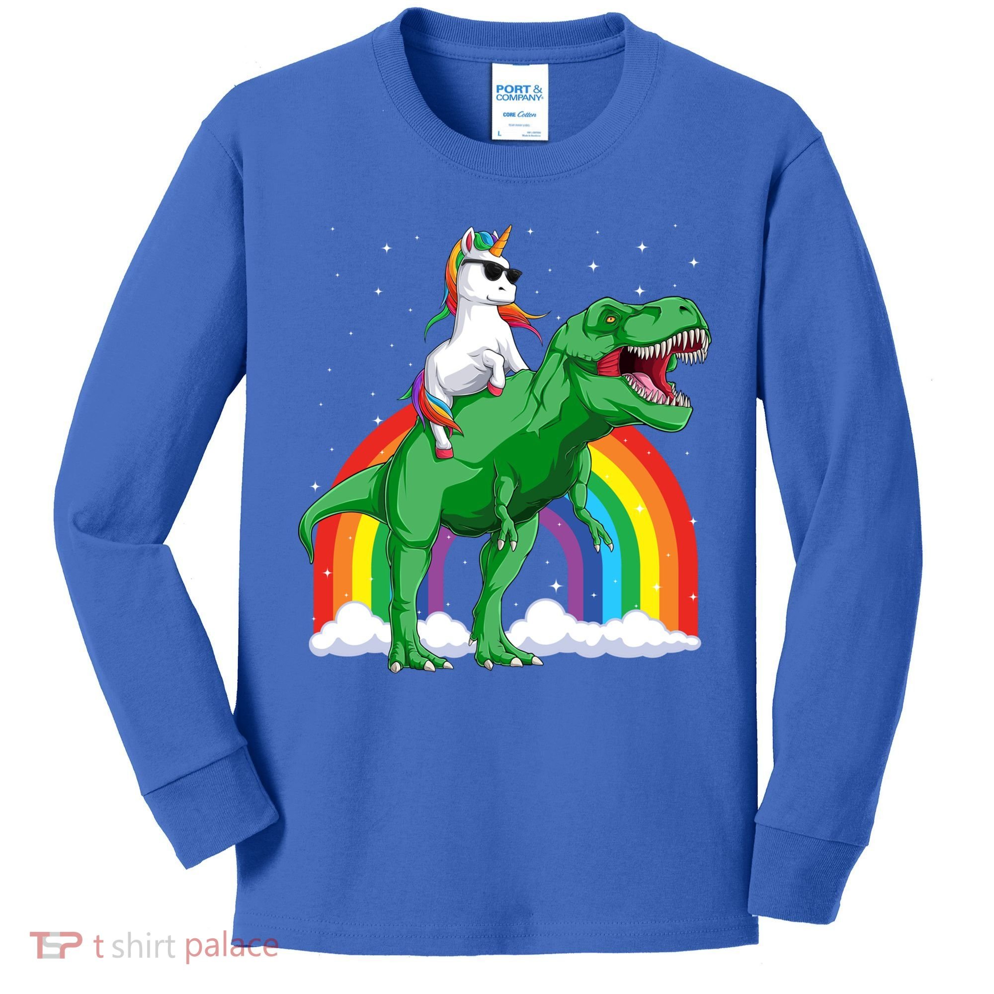 Unicorn Riding T Rex Dinosaur Rainbow Gift Kids Long Sleeve Shirt