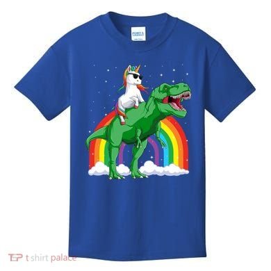 Unicorn Riding T Rex Dinosaur Rainbow Gift Kids T-Shirt