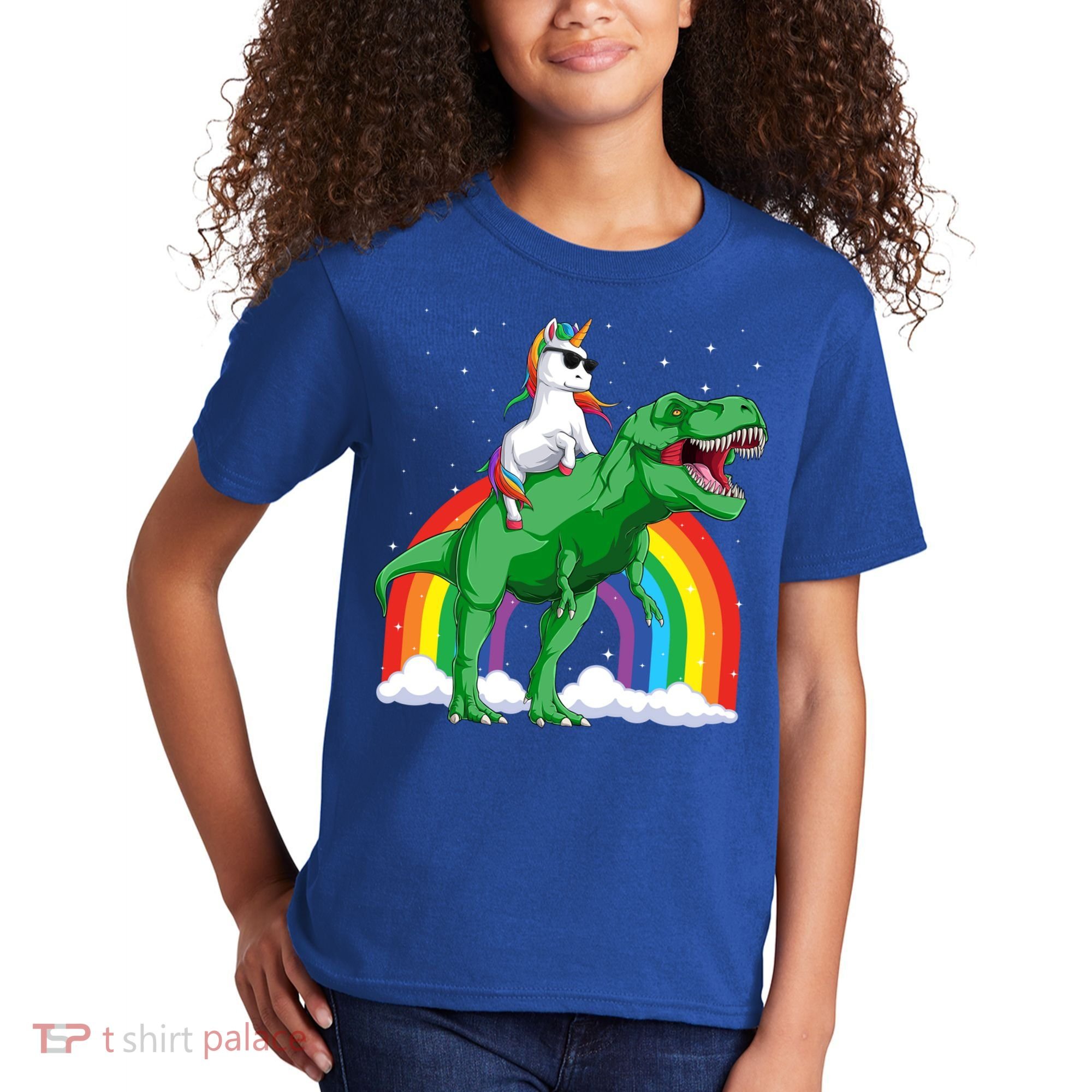 Unicorn Riding T Rex Dinosaur Rainbow Gift Kids T-Shirt