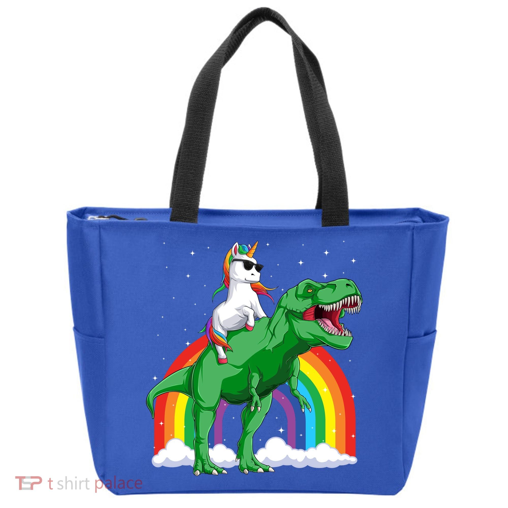 Unicorn Riding T Rex Dinosaur Rainbow Gift Tote Bag